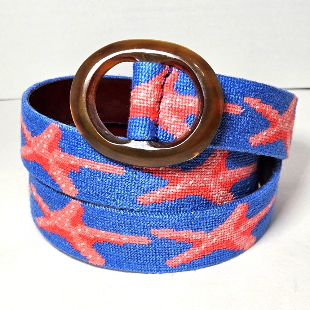 Smathers & Branson Needlepoint Women Sz L Starfish Blue Belt Cinch Slider Golf